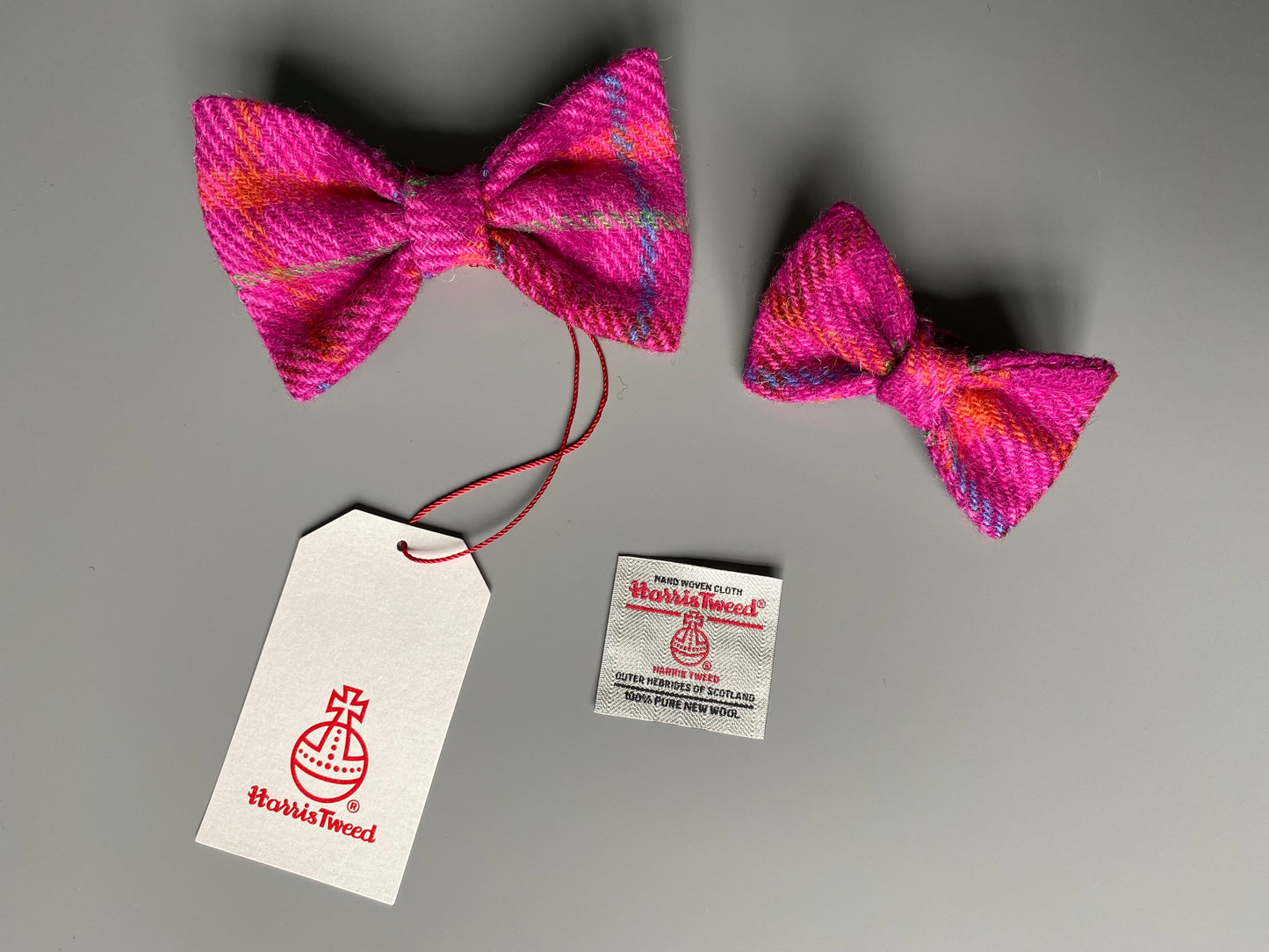 Harris Tweed Dickie Bow Tie Dog Collar Charm in bright pink check / tartan