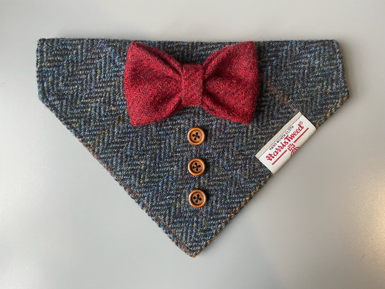 Harris Tweed wedding tux dog bandana neckerchief black herringbone & red bow Sizes S M L XL pet scarf