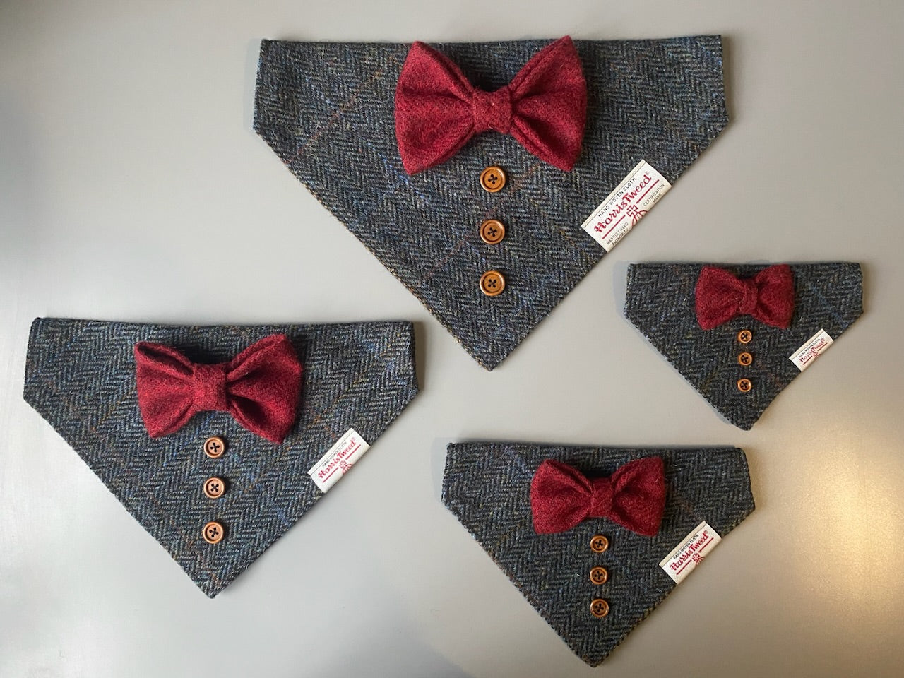 Harris Tweed wedding tux dog bandana neckerchief black herringbone & red bow Sizes S M L XL pet scarf