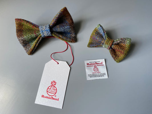 Harris Tweed Dickie Bow Tie Dog Collar Charm Green brown & blue check tartan charm