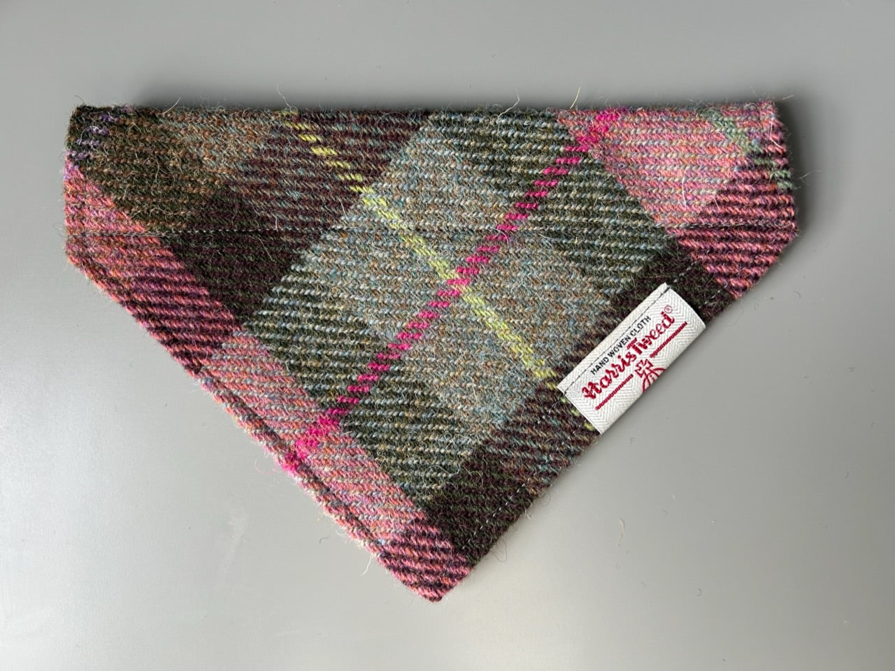 Harris Tweed dog bandana neckerchief in a pink and grey check, tartan pattern. Sizes S M L XL pet scarf