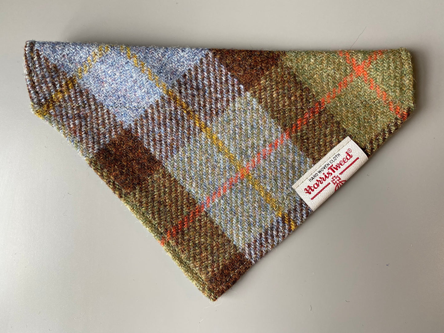 Harris Tweed dog bandana neckerchief in McLeod tartan green, blue & brown check tartan or plaid pattern. Sizes S, M, L + XL pet scarf