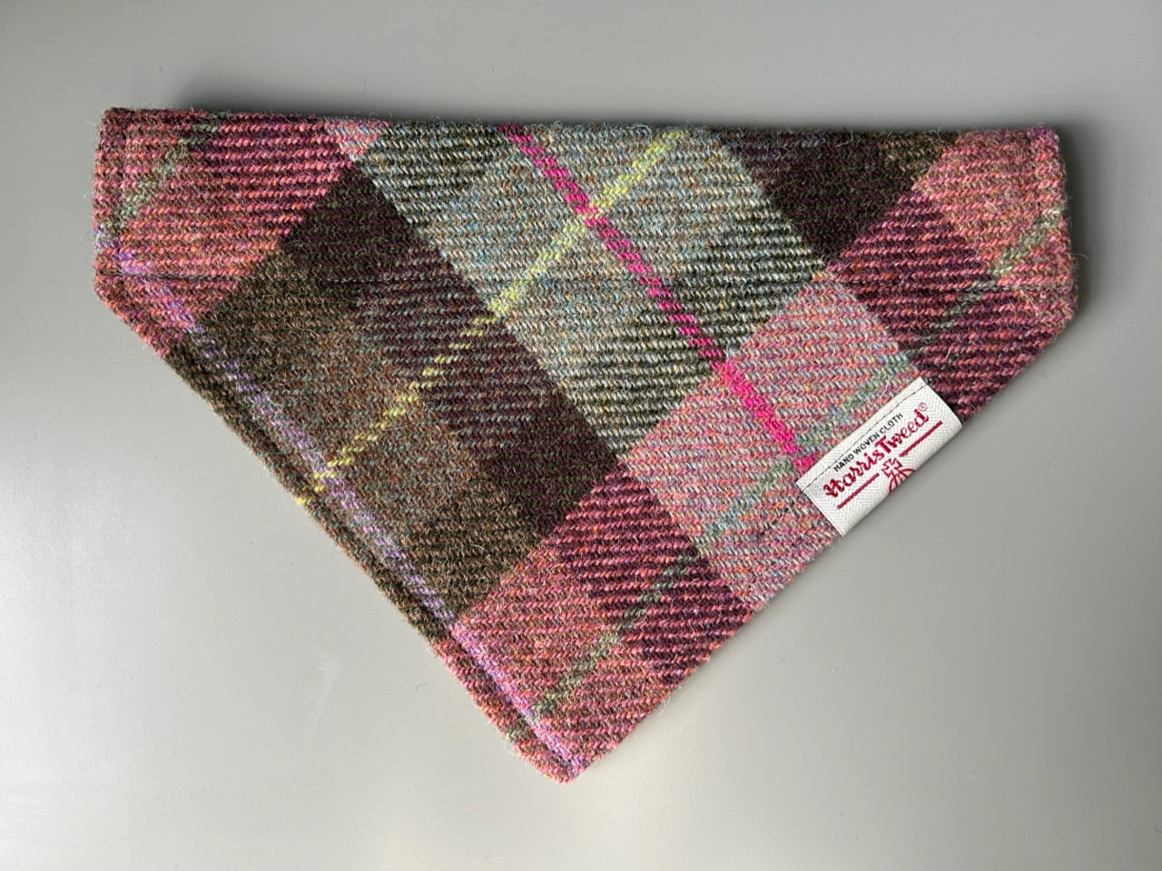 Harris Tweed dog bandana neckerchief in a pink and grey check, tartan pattern. Sizes S M L XL pet scarf