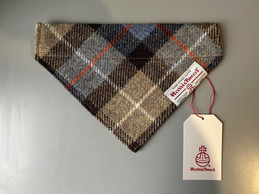 Harris Tweed dog bandana neckerchief in beige, blue & brown check tartan or plaid pattern. Sizes S, M, L + XL pet scarf