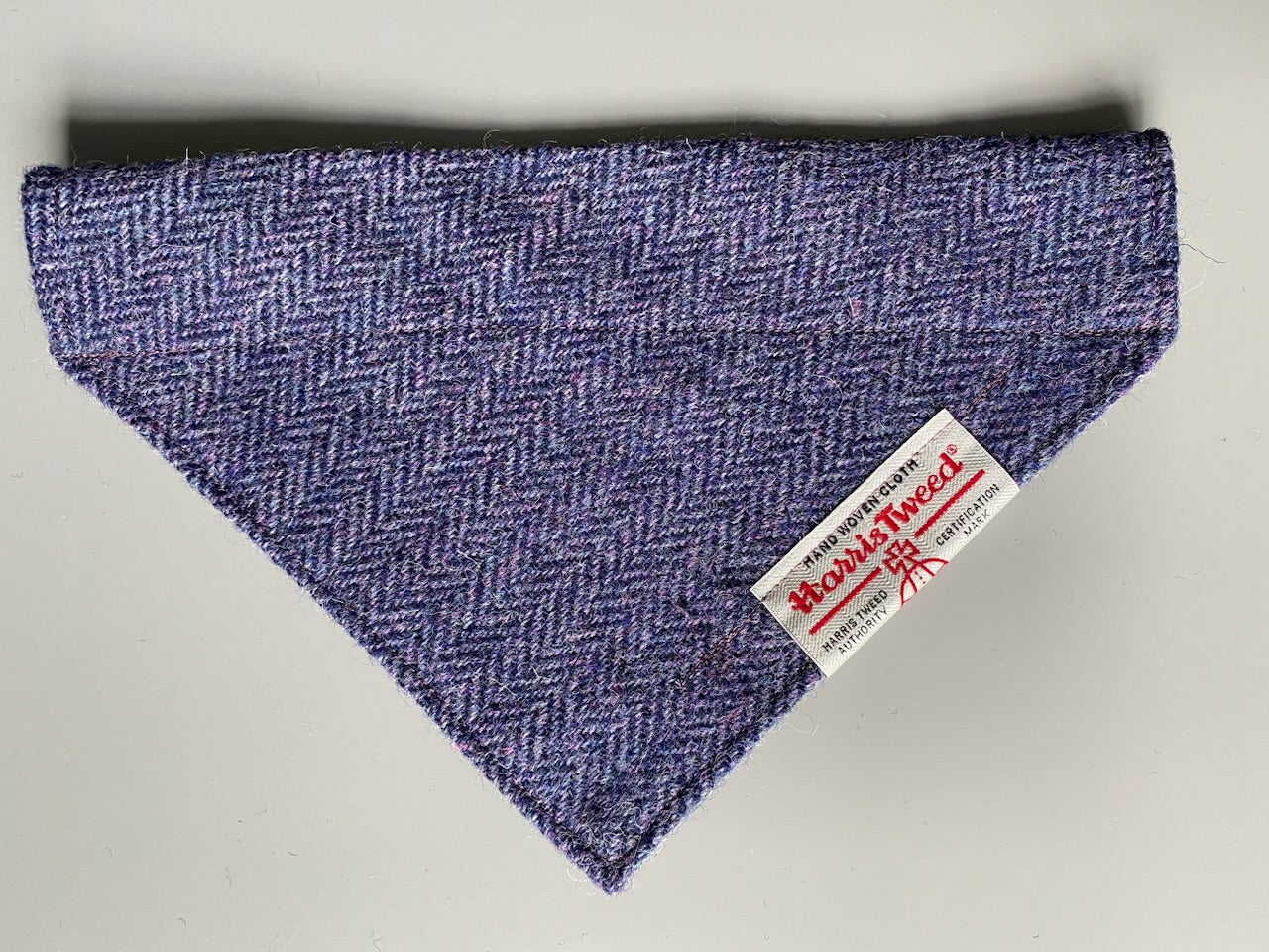 Harris Tweed dog bandana neckerchief in purple and black herringbone chevron pattern. Sizes S M L XL pet scarf