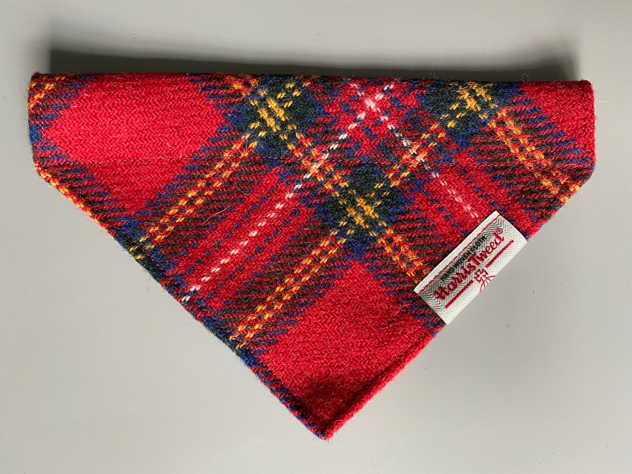 Harris Tweed dog Bandana neckerchief in red yellow blue check tartan pattern. Sizes S M L XL pet scarf