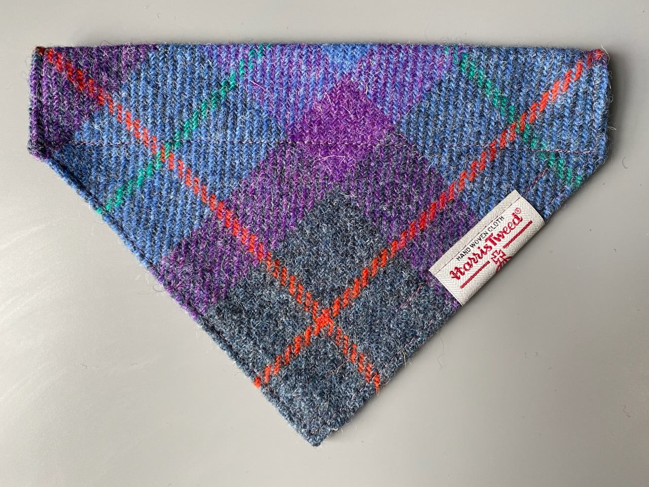 Harris Tweed dog bandana neckerchief in purple and grey check tartan pattern. Sizes S M L XL pet scarf