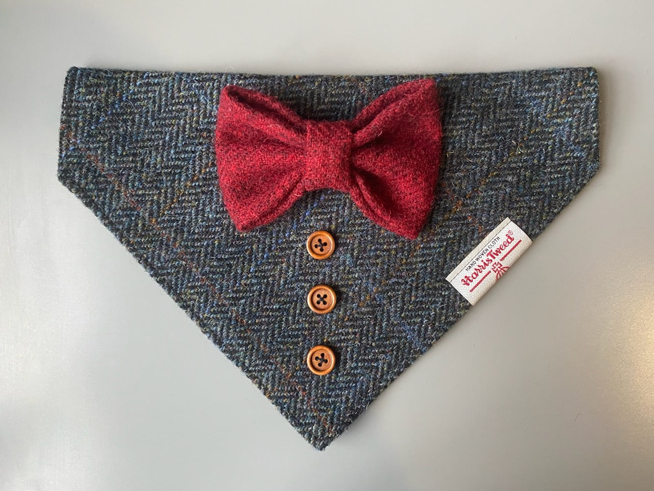 Harris Tweed wedding tux dog bandana neckerchief black herringbone & red bow Sizes S M L XL pet scarf