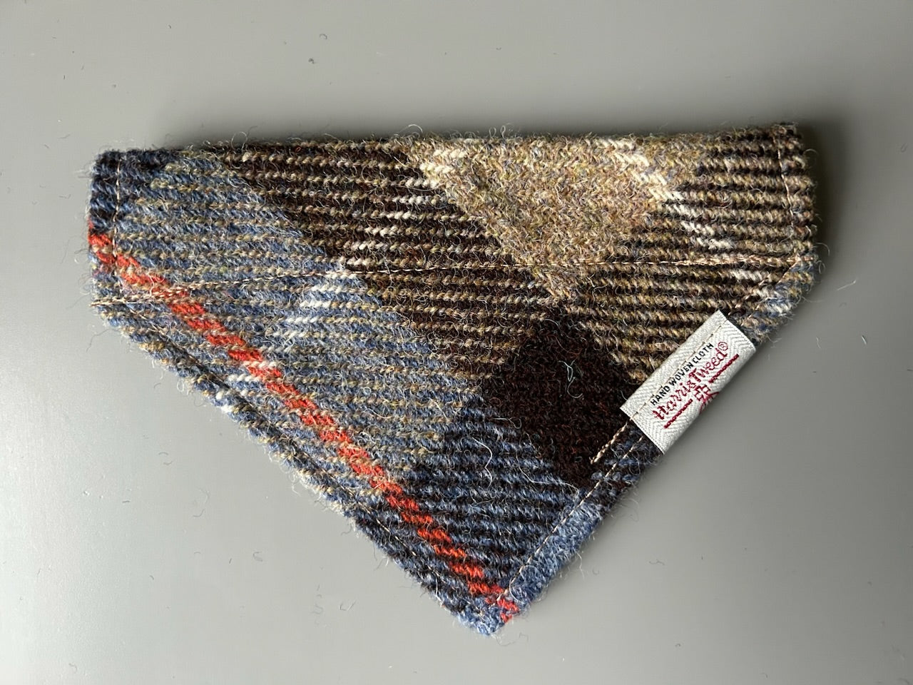 Harris Tweed dog bandana neckerchief in beige, blue & brown check tartan or plaid pattern. Sizes S, M, L + XL pet scarf