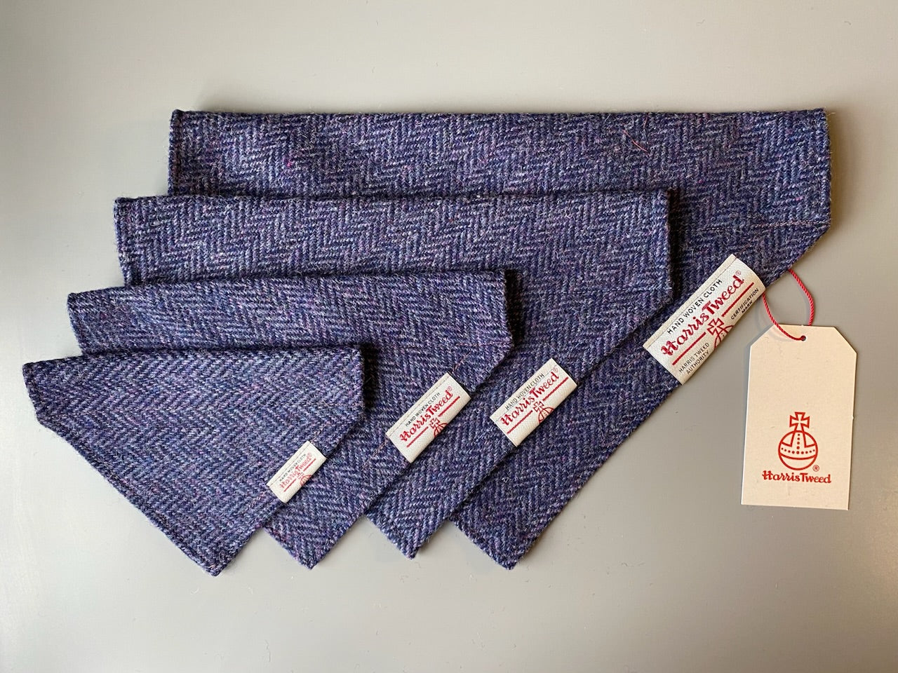 Harris Tweed dog bandana neckerchief in purple and black herringbone chevron pattern. Sizes S M L XL pet scarf