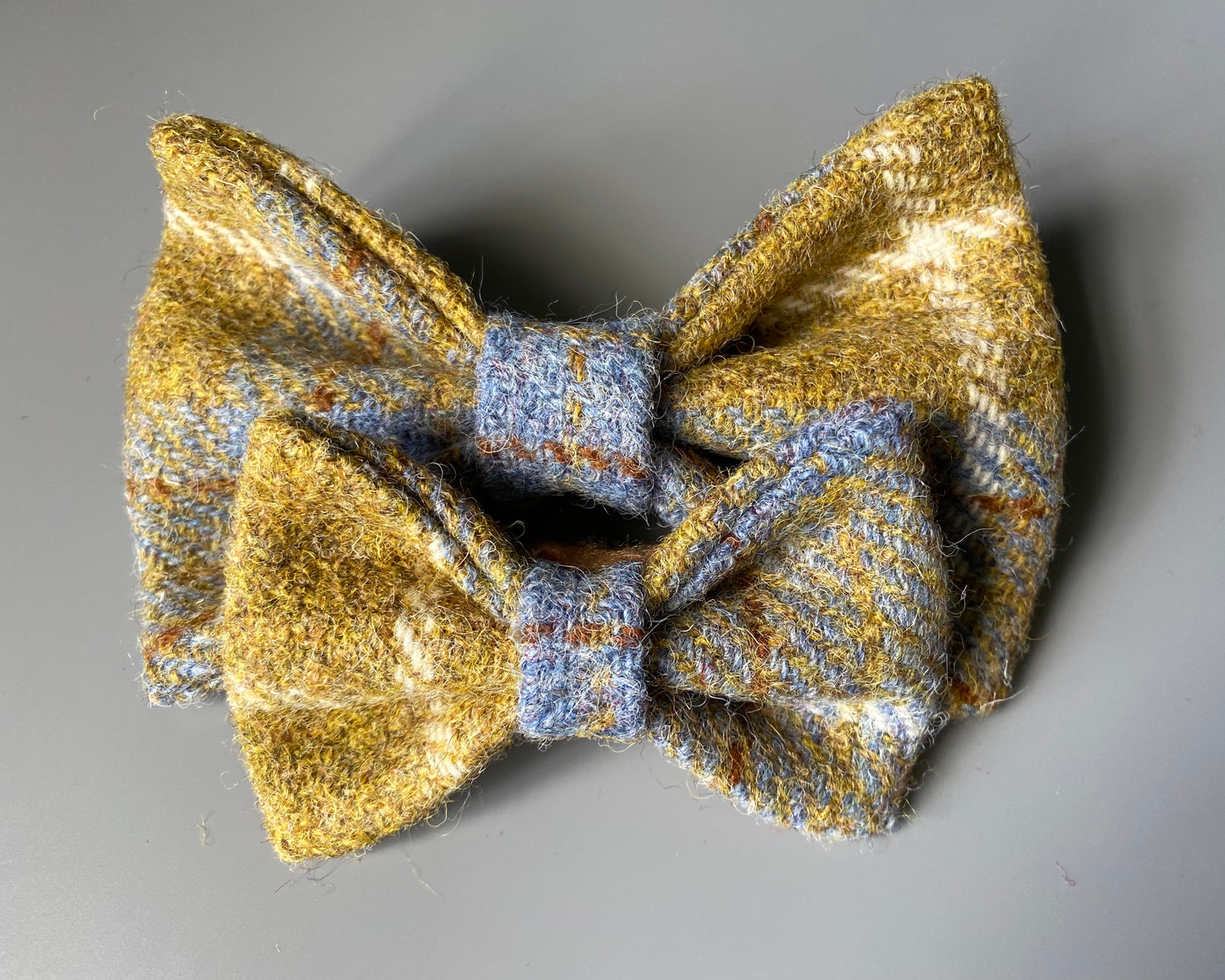 Harris Tweed Dog Collar Dickie Bow Tie Mustard / Gold & blue check tartan bow tie / charm