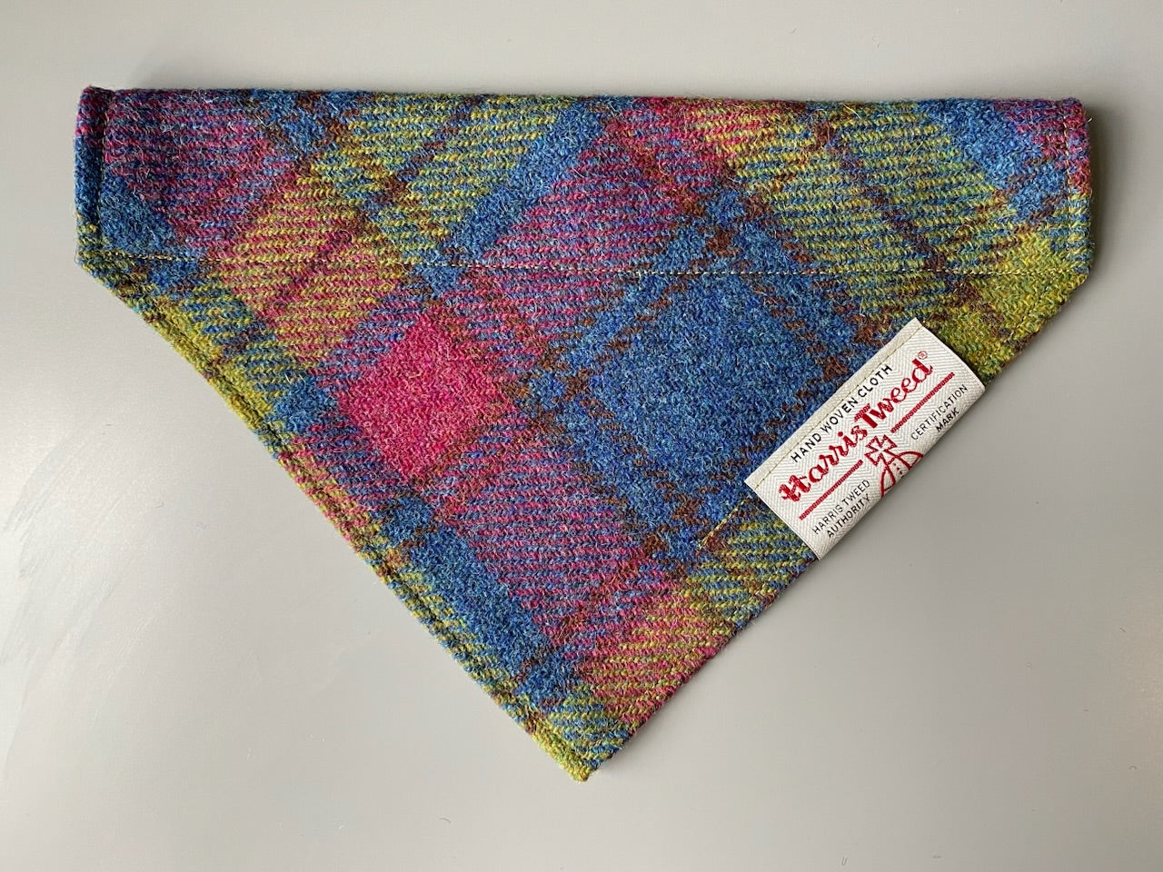 Harris Tweed dog bandana neckerchief in blue, hunting green & red check tartan pattern. Sizes S M L XL pet scarf