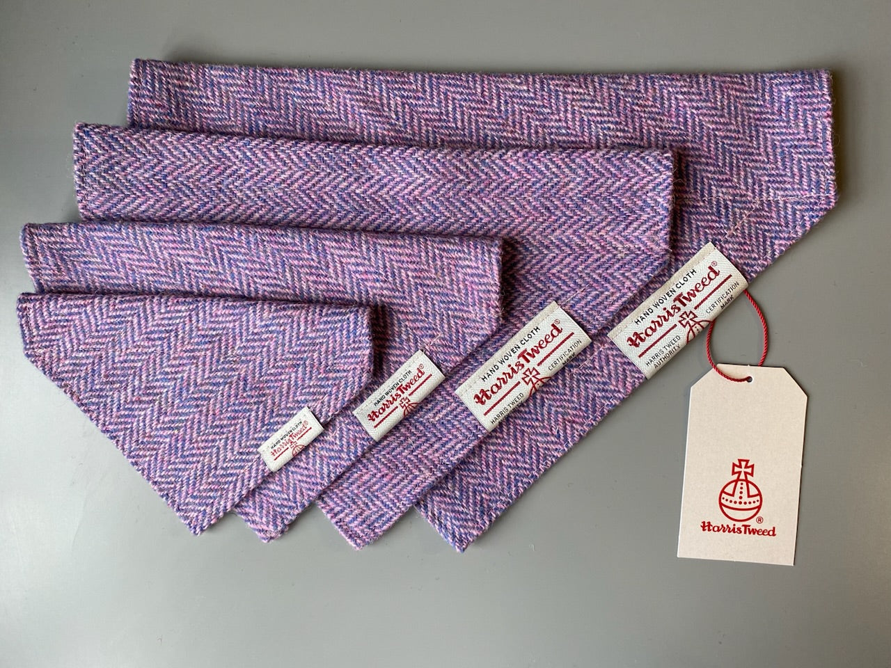 Harris Tweed dog bandana neckerchief in pink Herringbone chevron pattern. Sizes S M L XL pet scarf