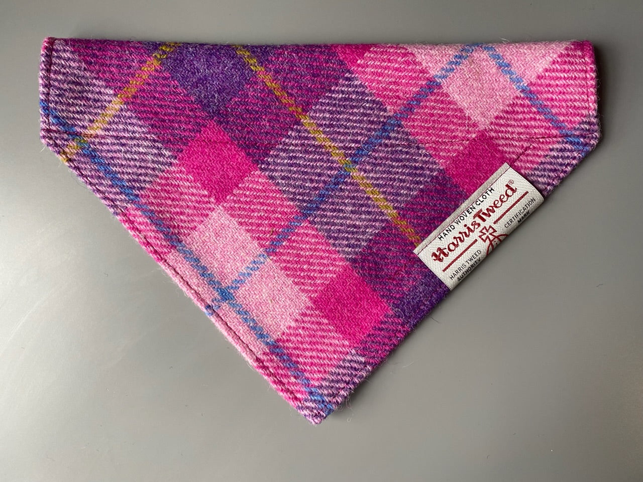 Harris Tweed dog bandana in a bright pink and purple check / tartan Sizes S M L XL pet scarf