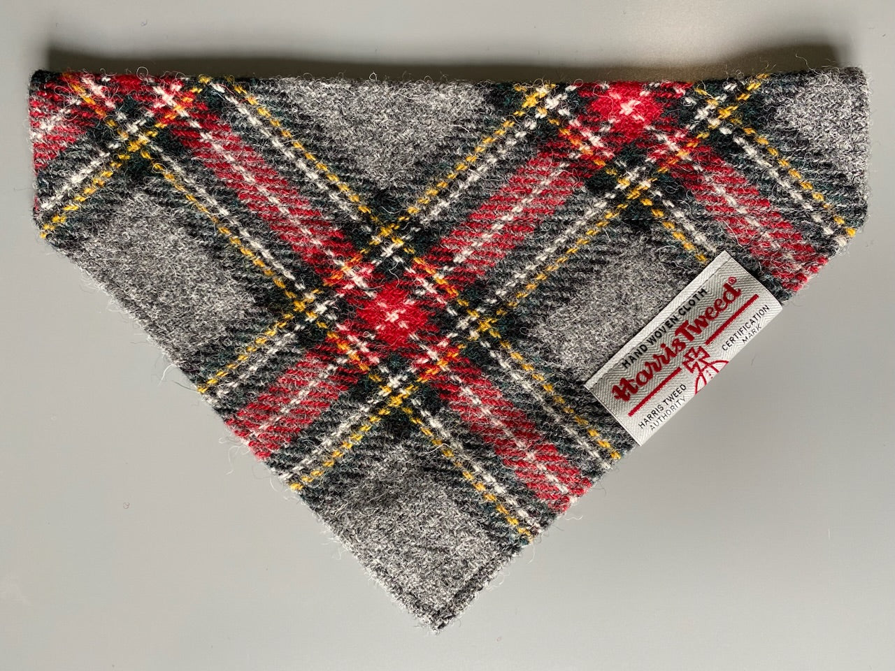 Harris Tweed dog Bandana neckerchief in grey and red check tartan pattern. Size S M L XL pet scarf