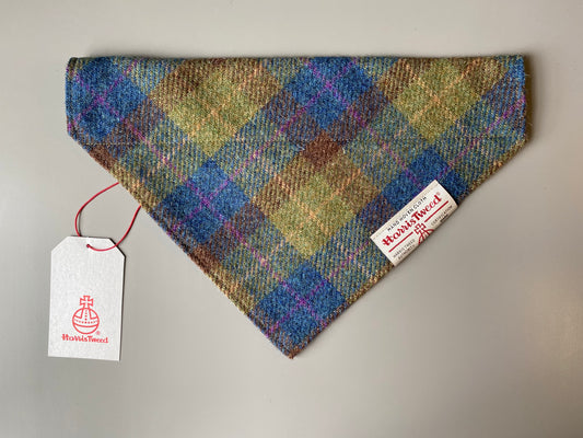 Harris Tweed dog bandana neckerchief in hunting green, blue & pink check tartan pattern. Sizes S M L XL pet scarf