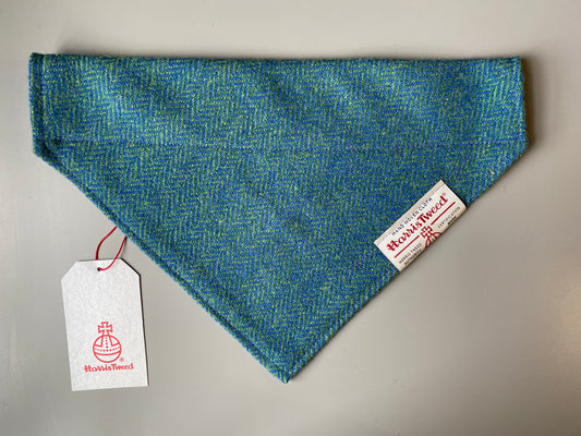 Harris Tweed dog bandana neckerchief in green and blue herringbone chevron pattern. Sizes S M L XL pet scarf