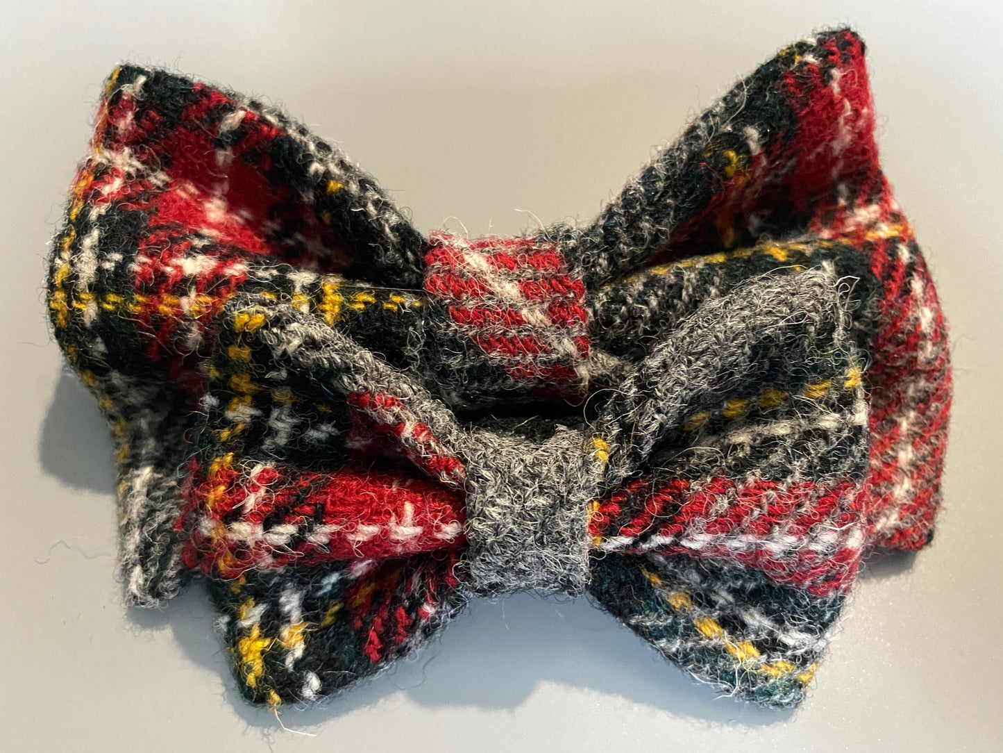 Harris Tweed Bow Dog Collar Dickie Bow Tie in grey & red check tartan pattern