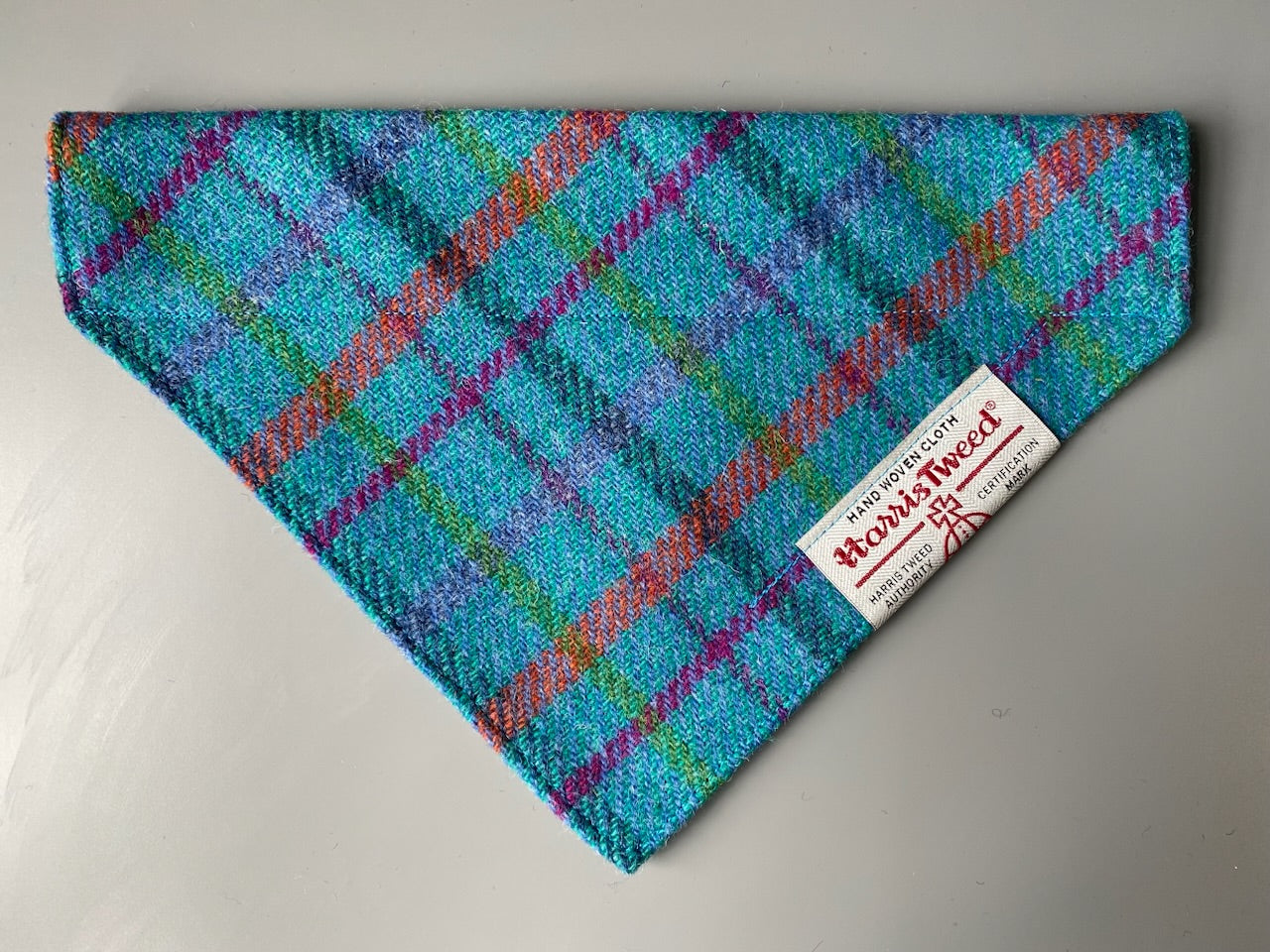 Harris Tweed dog bandana neckerchief in bright sky blue check tartan pattern. Sizes S M L XL pet scarf