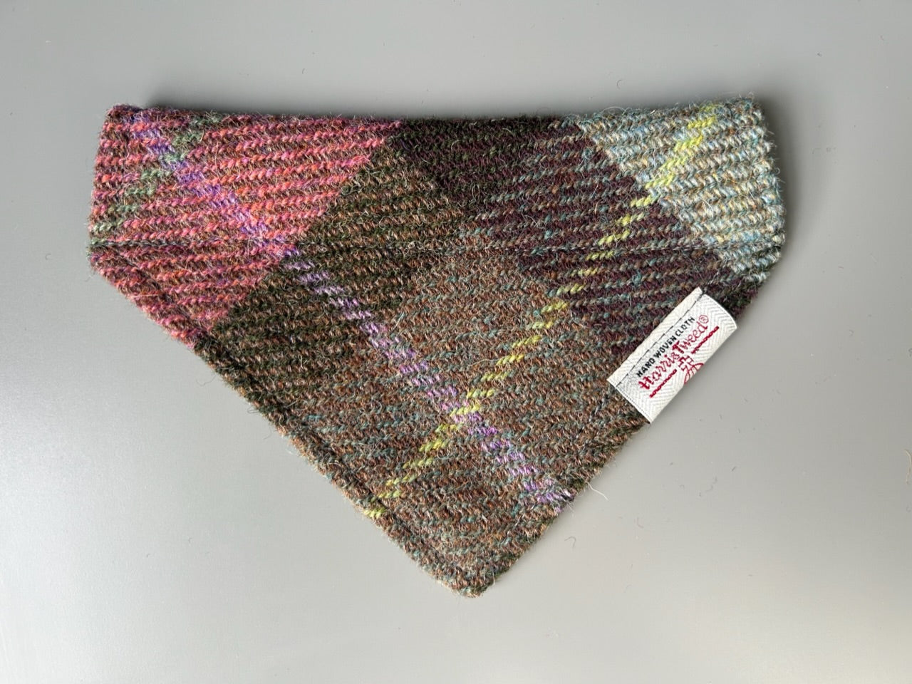 Harris Tweed dog bandana neckerchief in a pink and grey check, tartan pattern. Sizes S M L XL pet scarf