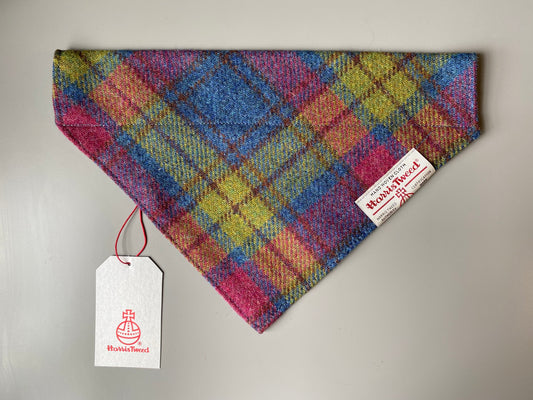 Harris Tweed dog bandana neckerchief in blue, hunting green & red check tartan pattern. Sizes S M L XL pet scarf