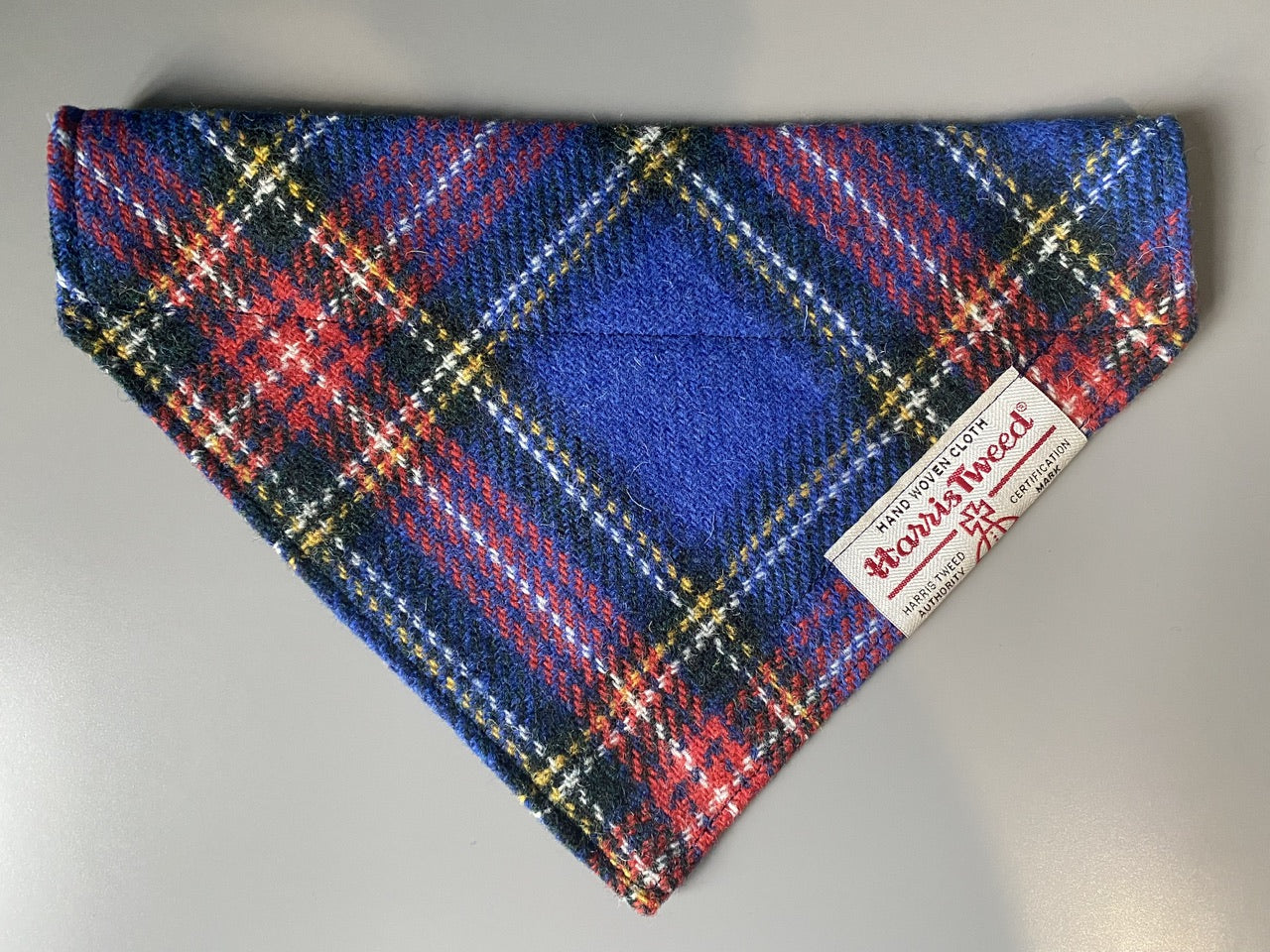 Harris Tweed dog bandana neckerchief in blue and red check / tartan pattern. Sizes S M L XL pet scaf