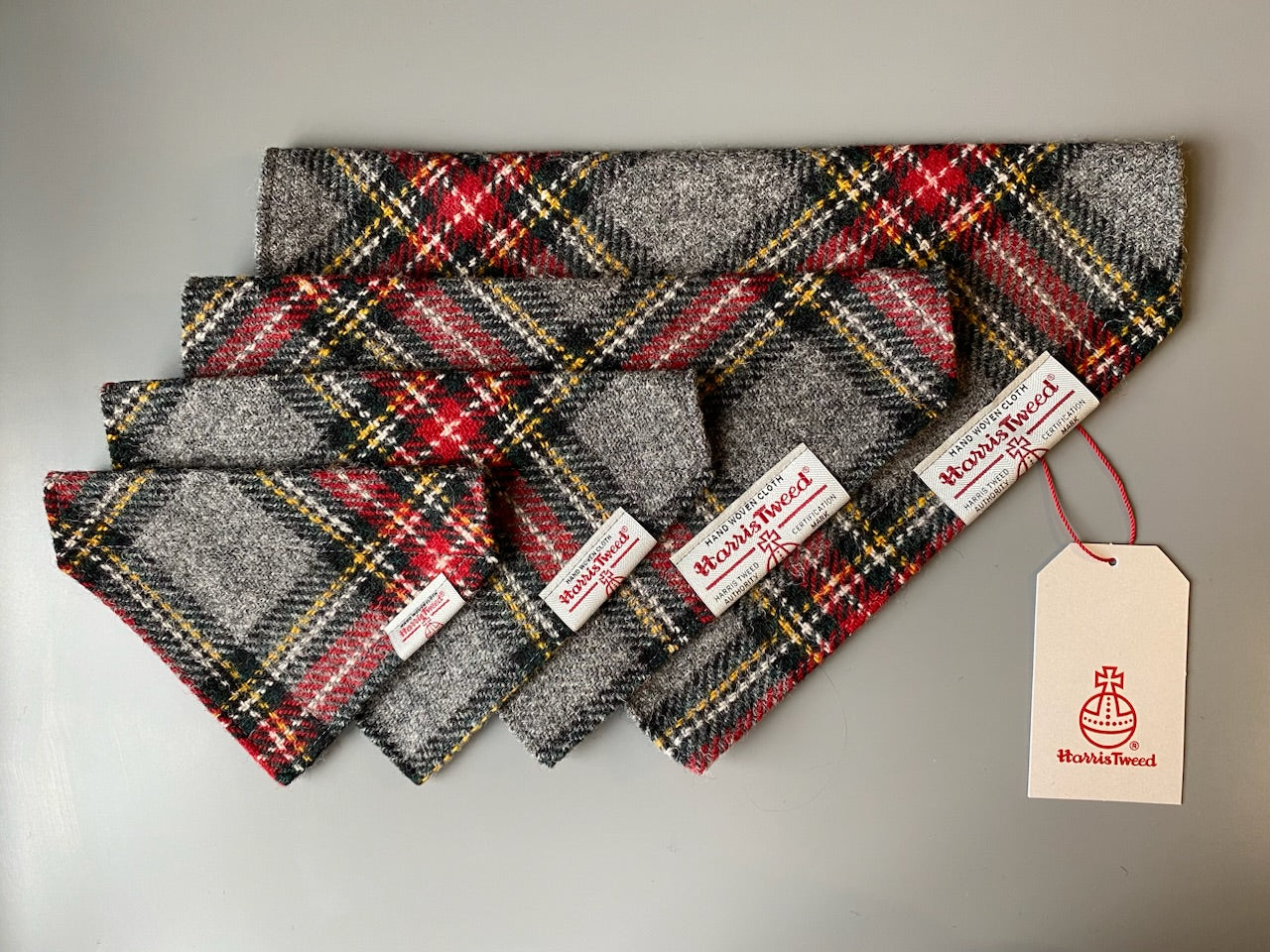 Harris Tweed dog Bandana neckerchief in grey and red check tartan pattern. Size S M L XL pet scarf