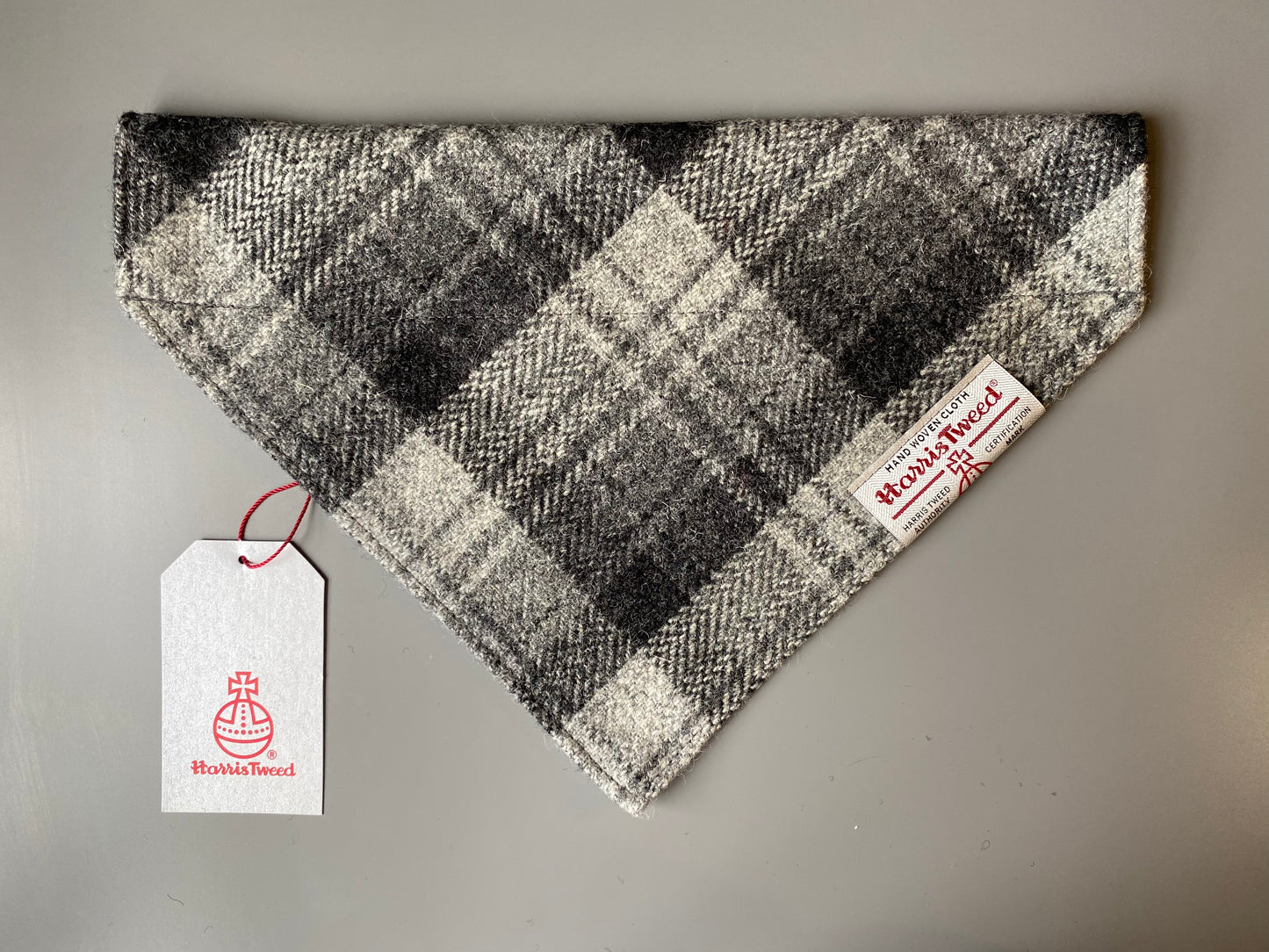 Harris Tweed dog bandana neckerchief in grey check tartan or plaid. Sizes S M L XL pet scarf