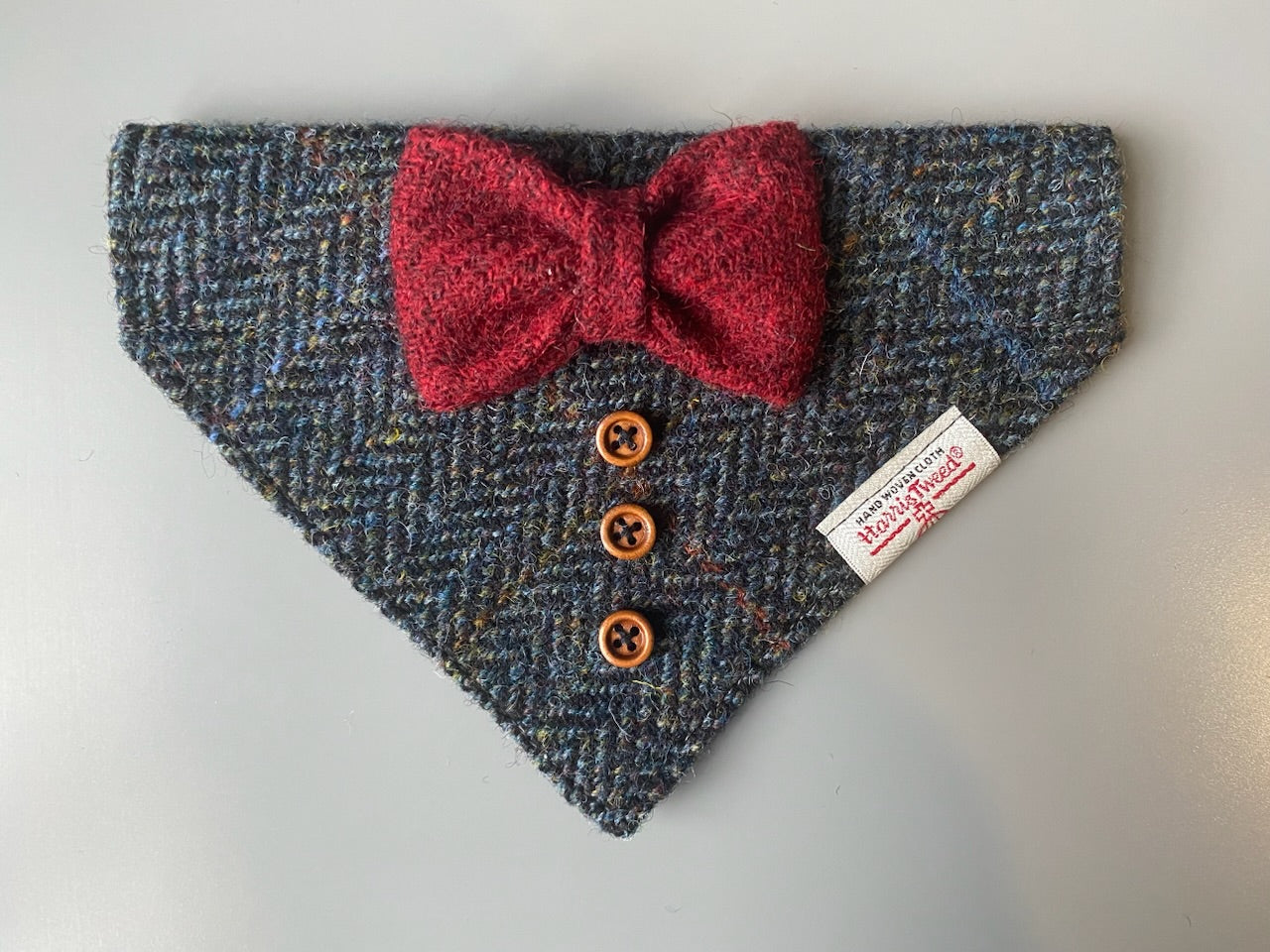 Harris Tweed wedding tux dog bandana neckerchief black herringbone & red bow Sizes S M L XL pet scarf