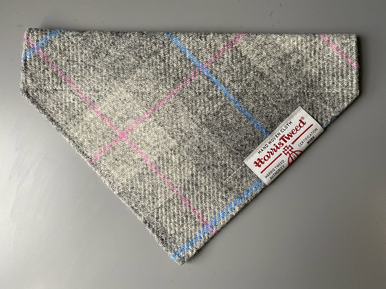 Harris Tweed dog bandana neckerchief in grey and pink check tartan. Sizes S M L XL pet scarf