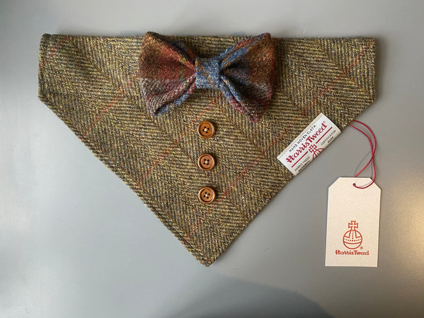 Harris Tweed wedding tux dog bandana neckerchief & bow green herringbone Sizes S M L XL pet scarf