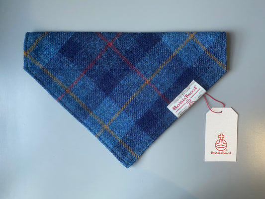 Harris Tweed dog bandana in a navy blue check / tartan Sizes S M L XL pet scarf