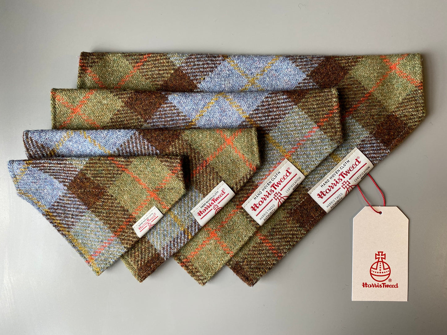 Harris Tweed dog bandana neckerchief in McLeod tartan green, blue & brown check tartan or plaid pattern. Sizes S, M, L + XL pet scarf