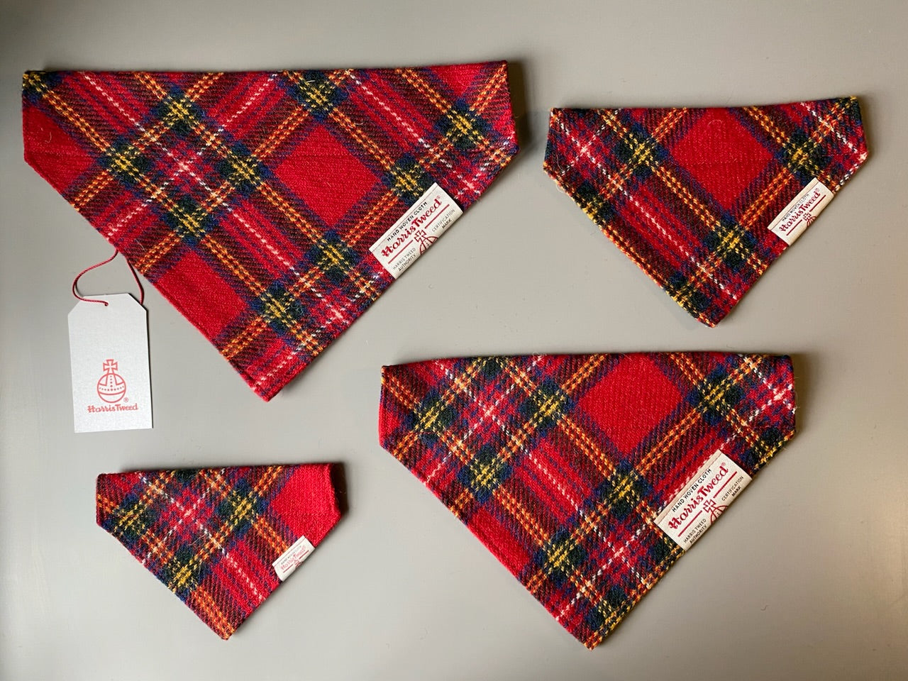 Harris Tweed dog Bandana neckerchief in red yellow blue check tartan pattern. Sizes S M L XL pet scarf