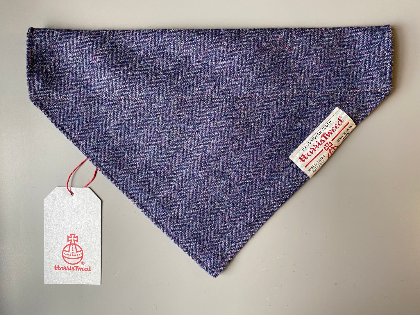 Harris Tweed dog bandana neckerchief in purple and black herringbone chevron pattern. Sizes S M L XL pet scarf