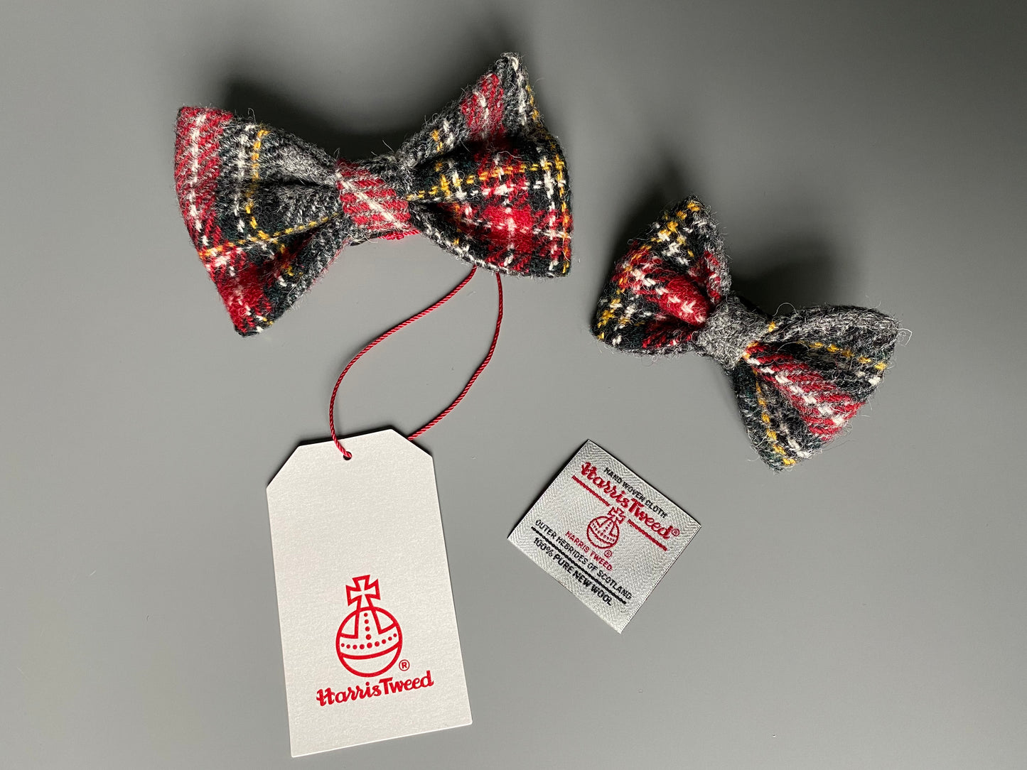 Harris Tweed Bow Dog Collar Dickie Bow Tie in grey & red check tartan pattern