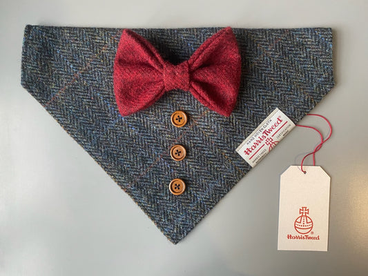 Harris Tweed wedding tux dog bandana neckerchief black herringbone & red bow Sizes S M L XL pet scarf