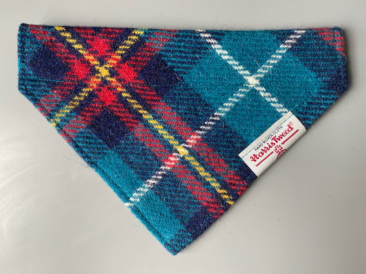 Harris Tweed dog bandana neckerchief in blue and red check / tartan pattern. Sizes S M L XL pet scarf