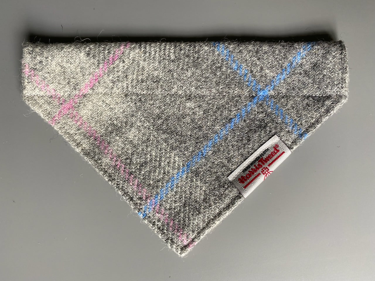 Harris Tweed dog bandana neckerchief in grey and pink check tartan. Sizes S M L XL pet scarf