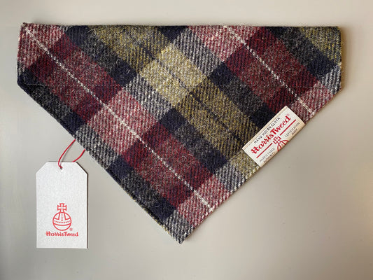 Harris Tweed dog bandana neckerchief in green, red & black check tartan pattern. Sizes S M L XL pet scarf