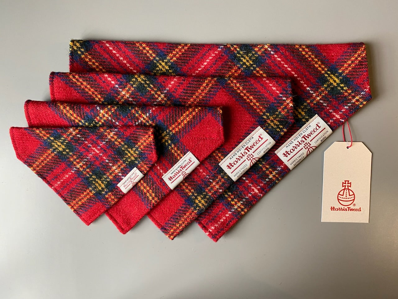 Harris Tweed dog Bandana neckerchief in red yellow blue check tartan pattern. Sizes S M L XL pet scarf