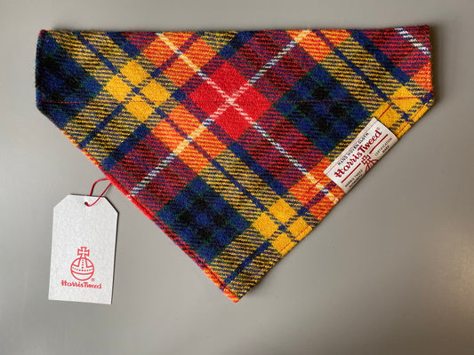 Harris Tweed dog bandana neckerchief in red, blue and yellow check / tartan pattern. Sizes S M L XL pet scarf