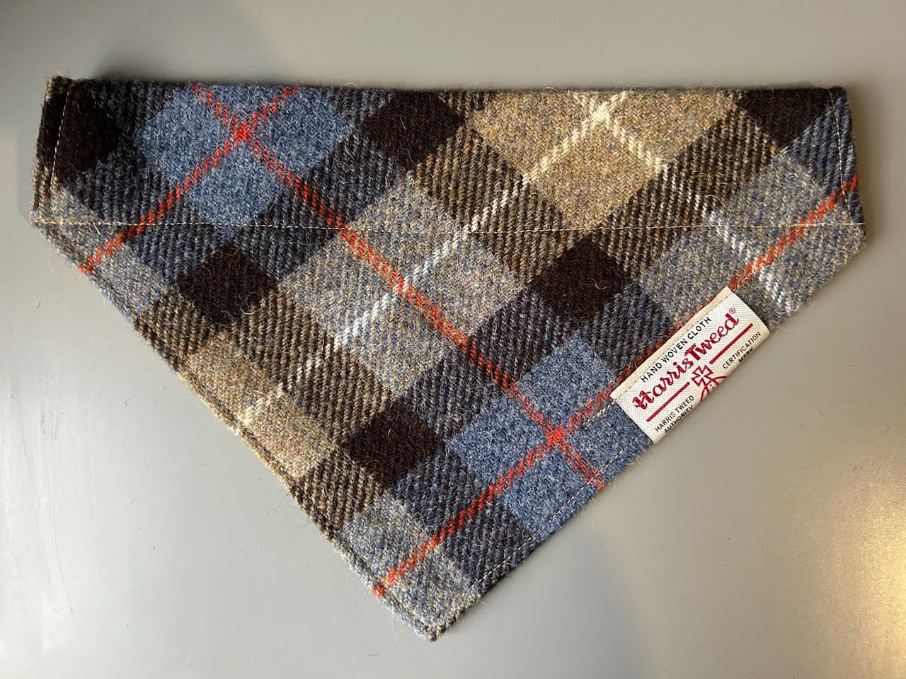 Harris Tweed dog bandana neckerchief in beige, blue & brown check tartan or plaid pattern. Sizes S, M, L + XL pet scarf