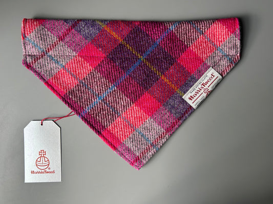 Harris Tweed dog bandana in a bright pink and purple check / tartan Sizes S M L XL pet scarf