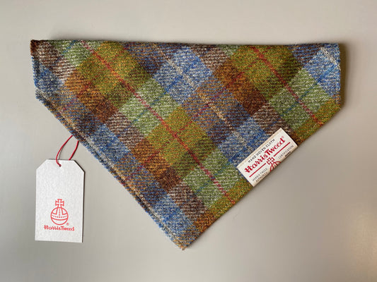 Harris Tweed dog bandana neckerchief in green, blue & brown check tartan or plaid pattern. Sizes S, M, L + XL pet scarf