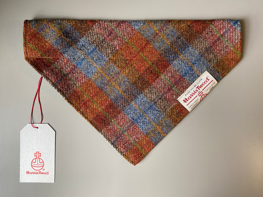 Harris Tweed dog bandana neckerchief in rust orange, blue & brown check tartan or plaid pattern. Sizes S, M, L + XL pet scarf