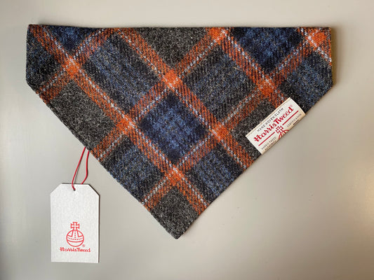 Harris Tweed dog bandana neckerchief in grey, blue & orange check / tartan pattern. Sizes S M L XL pet scarf