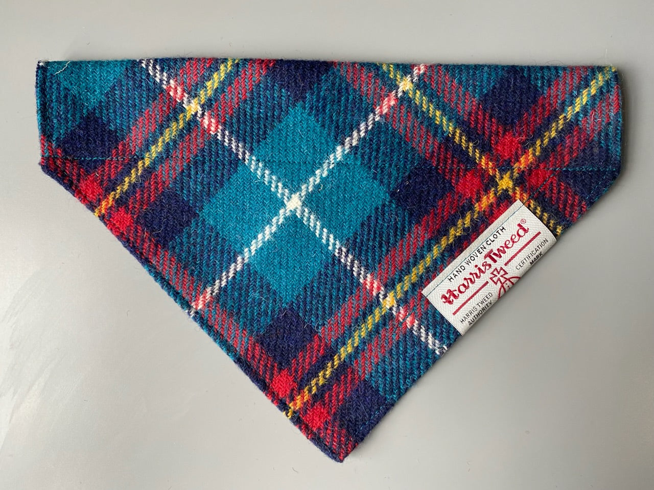 Harris Tweed dog bandana neckerchief in blue and red check / tartan pattern. Sizes S M L XL pet scarf