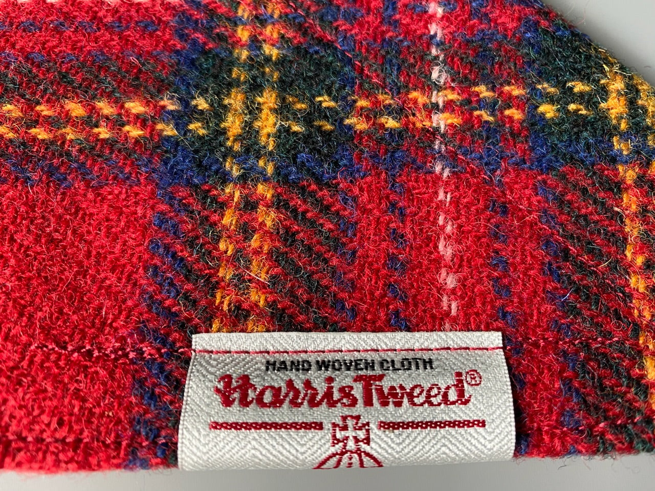 Harris Tweed dog Bandana neckerchief in red yellow blue check tartan pattern. Sizes S M L XL pet scarf