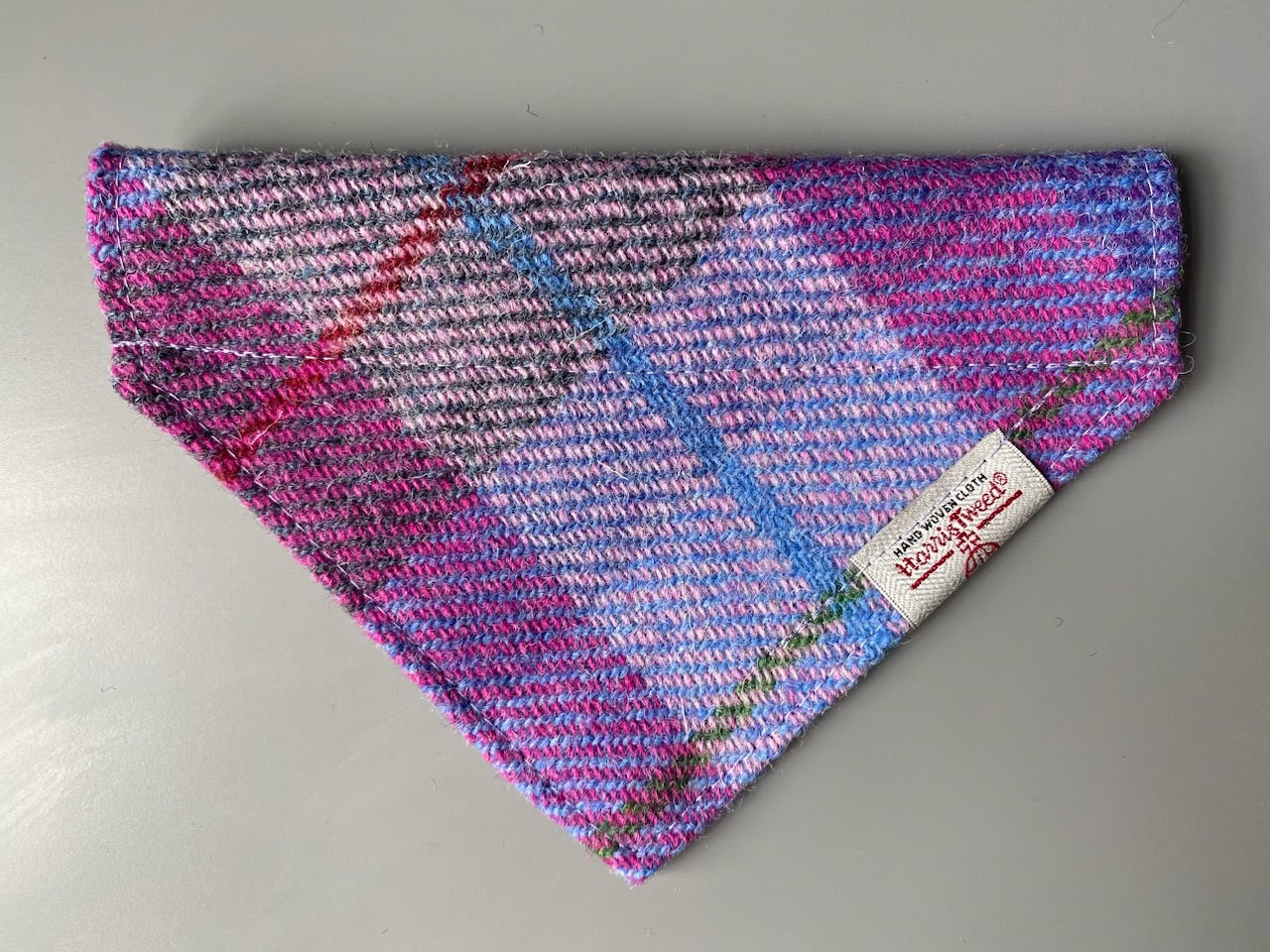 Harris Tweed dog bandana neckerchief in a pink, purple and blue check, tartan pattern. Sizes S M L XL pet scarf